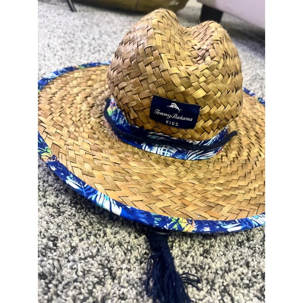 Tommy Bahama Kids Boys Straw Sun Hat Blue Tropical Palm Leaf 4-7 Years Wide Brim